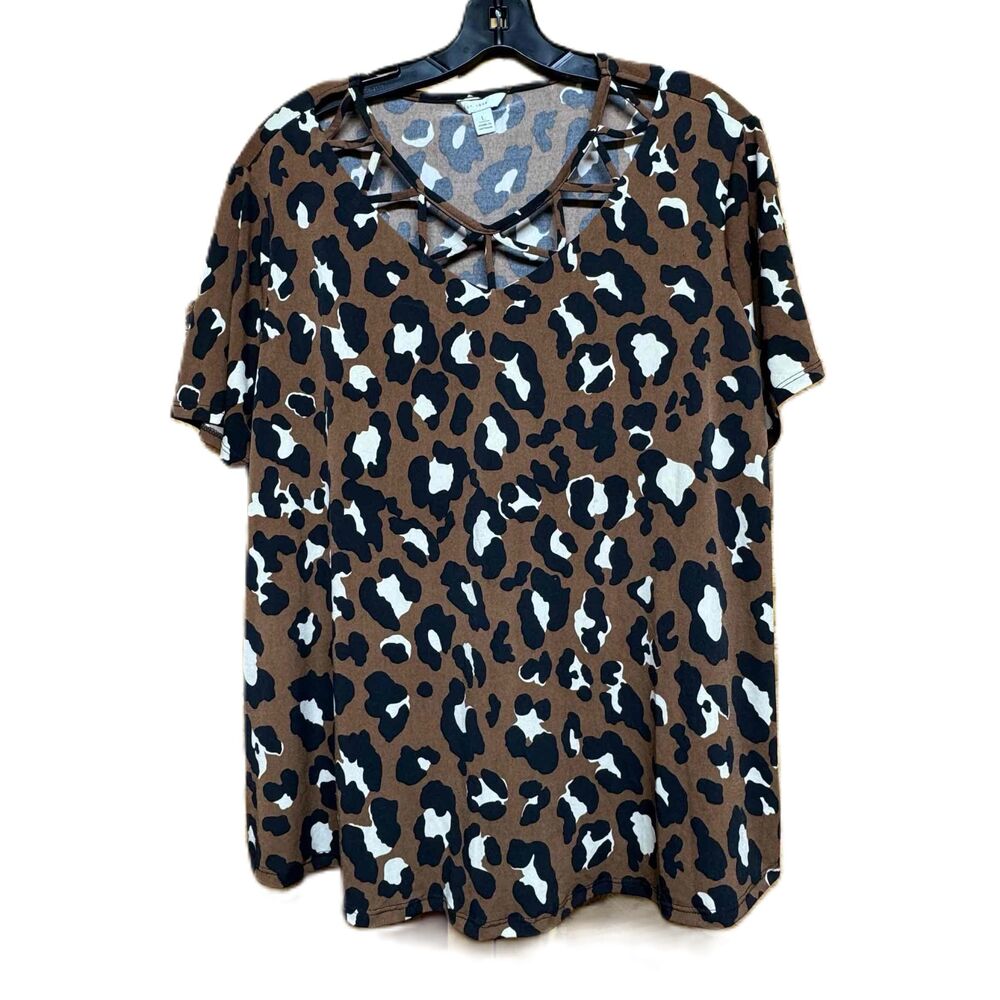 EST.1946 Black Brown Leopard Print V Neck Short Sleeve Swing Top Large